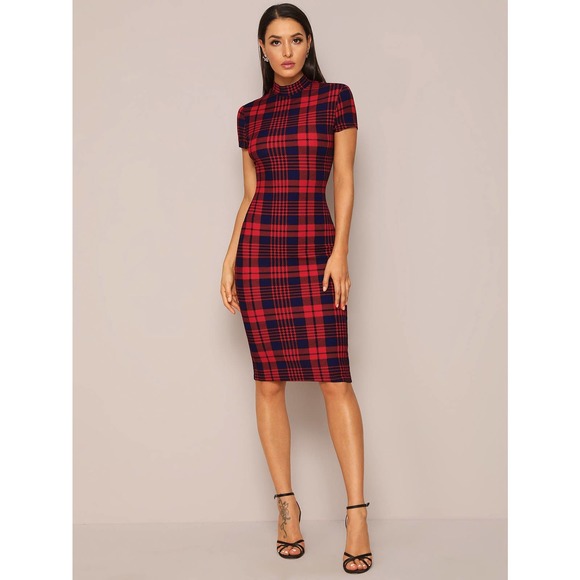 WILA Dresses & Skirts - Mock Neck Plaid Form Fitted Dress red black